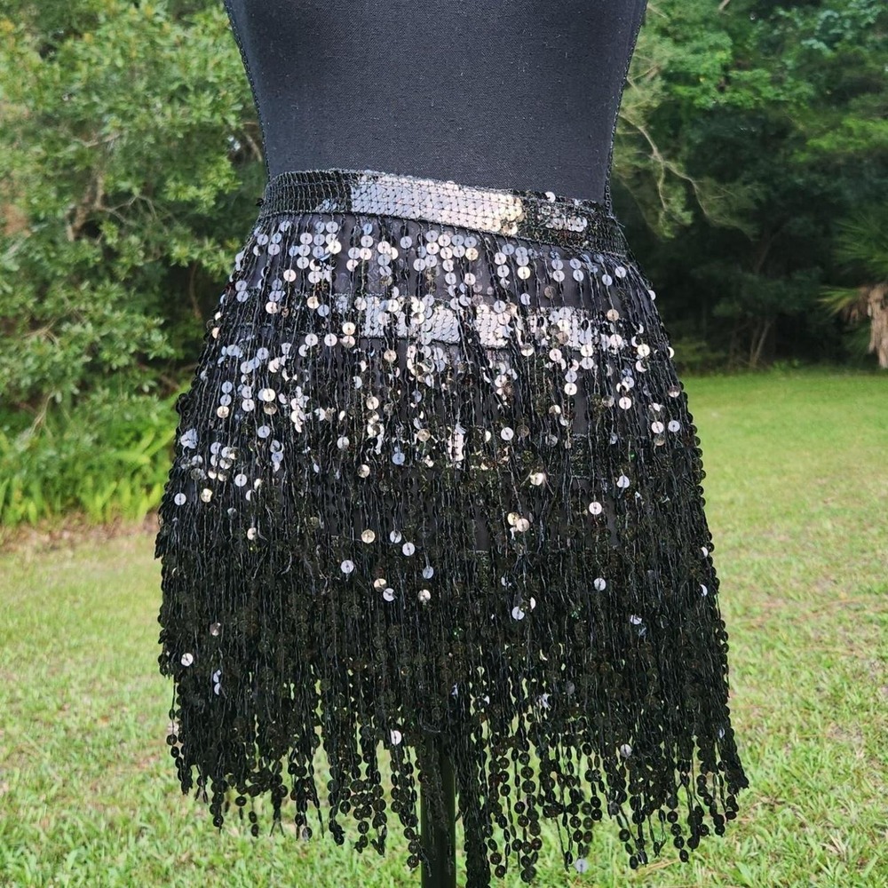 Black sequin fringe Short WRAP SKIRT Swim Coverup Dance Concert Flapper Costume